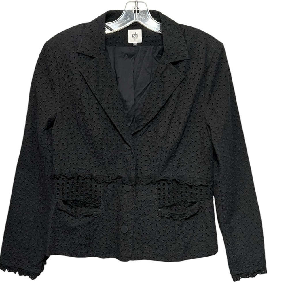 Cabi Flamenco Lace Eyelet Jacket Black Button Front Cropped Blazer Size 8